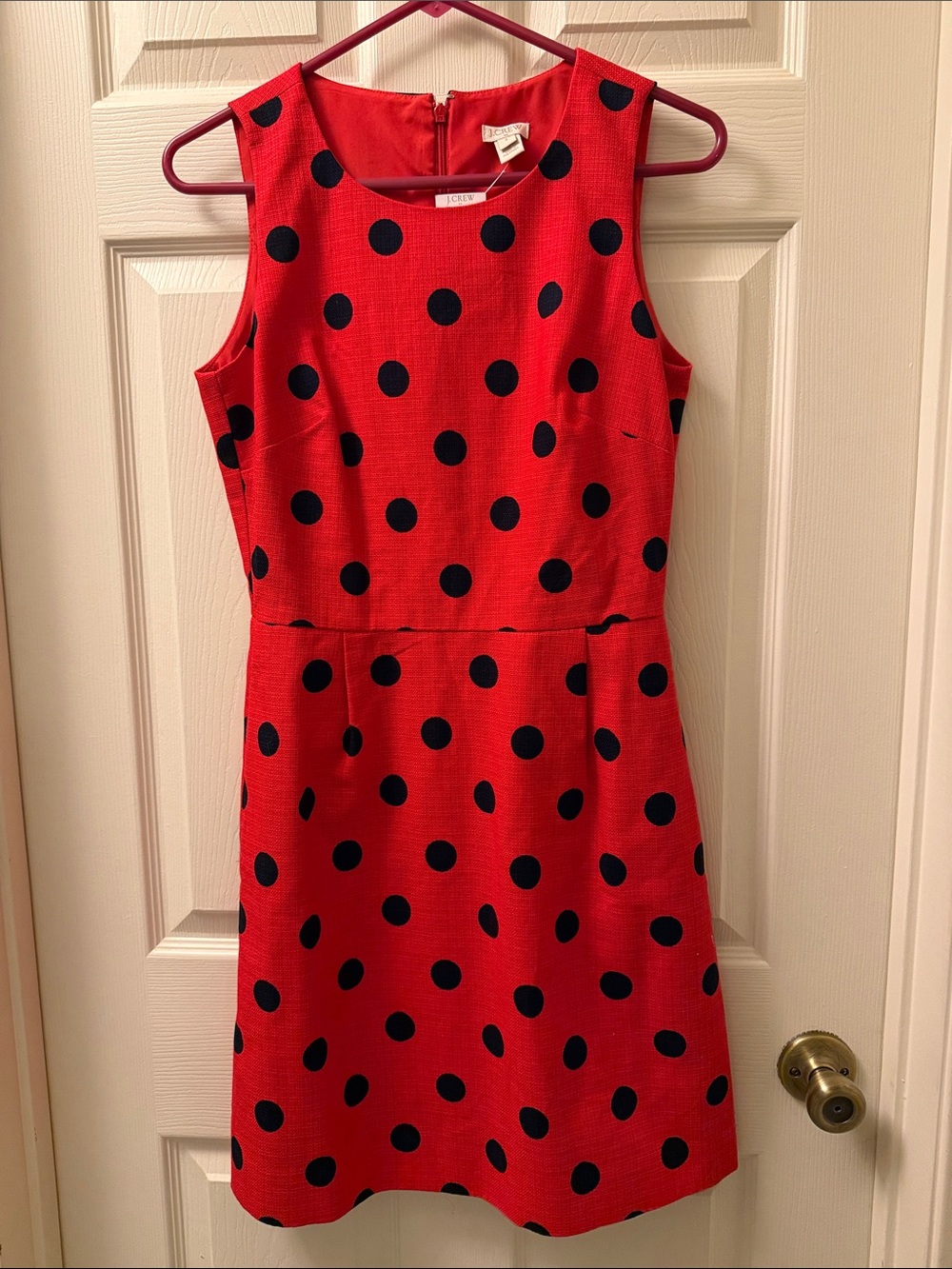 J. Crew Red Sleeveless Polka Dot Dress with Black Spots